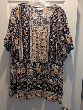Agnes Orinda Women’s Floral V-Neck Button Black Yellow Babydoll Top Sz 4X *GUC